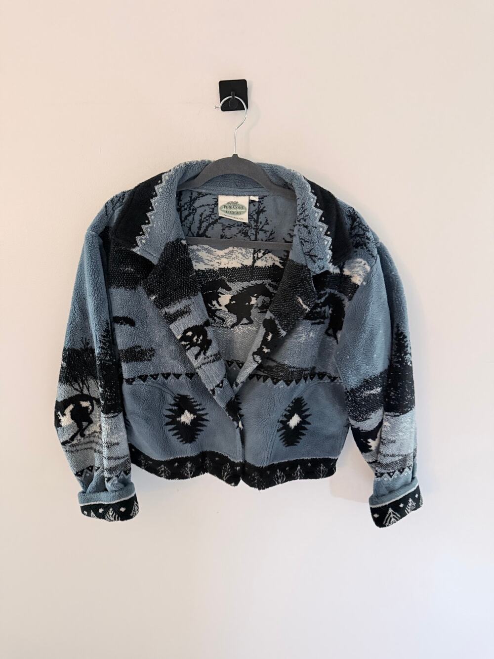 Vintage Pine Cone Designs Blue Equestrian Horse Cropped Fleece Jacket-Size L